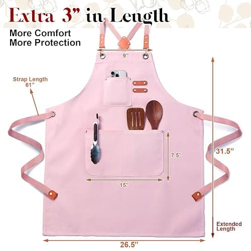 Chef Apron for Men Women with Pockets,Cross Back Cotton Canvas Plus Size Apron for Cooking BBQ Baking Gardening thumbnail 2