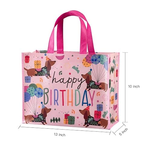 WRAPAHOLIC Large Reusable Pink Dachshund Birthday Gift Bag with Handles - 10 x 5 x 13 inch - Happy Bday Pink Dog Gift Bags for Kids Girls Birthday, Pet Lovers and Shopping thumbnail 3