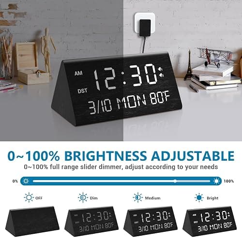 Kogonee Wooden Digital Alarm Clock, 0-100% Dimmer, 2 Alarm Settings, Weekday/Everyday Mode, 9 Mins Snooze, 12/24H, Temperature and Date Display for Office, Travel, Bedroom Alarm Clock (Black) thumbnail 4