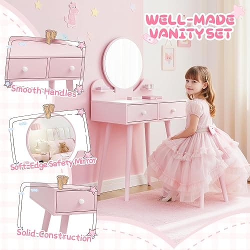 Arlopu Kids Vanity Table and Chair Set, 2 in 1 Toddler Makeup Dressing Desk with Detachable Large Mirror and Stool, Drawers, Princess Wooden Pretend Play Toys for Little Girls (Pink) thumbnail 3