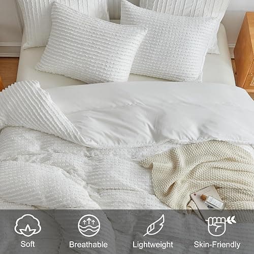 WARMDERN Boho Duvet Cover Set Queen Size,White Striped Duvet Cover Microfiber Bedding Set,3PCS Ultra Soft Breathable Lightweight Tuft Texture Pattern Duvet Covers with Zipper Closure(White,Queen) thumbnail 3