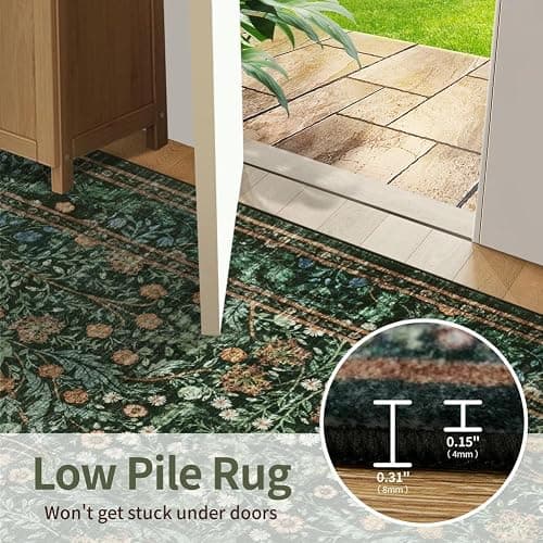 Rugxara 5x7 Area Rugs for Living Room Bedroom, Large Washable Rug, Green Vintage Floral Boho Rug, Non Slip & Low Pile Faux Wool Thin Carpet for Indoor Dining Room and Kids Room(Green 5x7ft) thumbnail 8