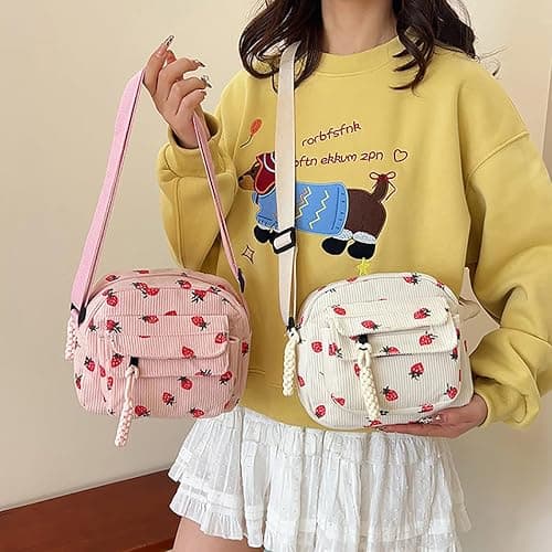 Cute Strawberry Purse for Women Strawberry Bag Corduroy Tote Bag for Women Messenger Bag Cute Crossbody Bags Handbags thumbnail 5