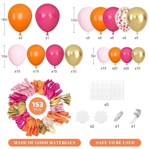 Amandir 153Pcs Pink and Orange Balloon Arch Kit, Different Sizes 18 12 10 5 Inch Metallic Gold Sunset Hot Pink Orange Confetti Latex Balloons Birthday Summer Tropical Graduation Party Decorations thumbnail 2