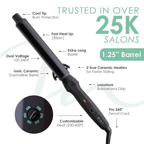 MINT Professional Clamp-Free Curling Wand 1 1/4 Inch for Long Hair | Extra Long Curl Wand with 4-Heater Ionic Ceramic Barrel | Best Curling Wands | Adjustable 230-430°F | Worldwide Dual Voltage thumbnail 4