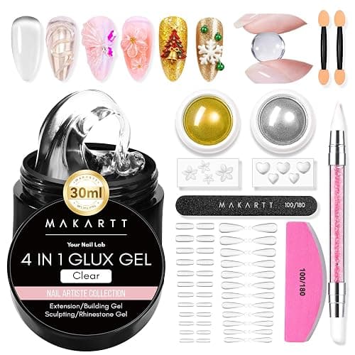 Makartt 3D Gel Nail Art: Solid Gel Builder for Nails Starter Kit, 30ml Clear for Extension 3D Sculpting Carving DIY Manicure, Molding Hard Gels with Gold & Silver Chrome Powder Silicone Molds & Brush - Image 1