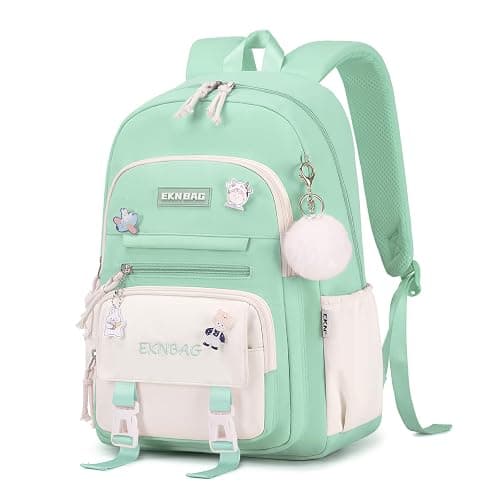 Tanou School Backpacks for Girls, 20 Liters Kawaii Girls School Bag with Pendant, Lightweight Nylon Childrens Backpack for Primary Junior School, Green - Image 1