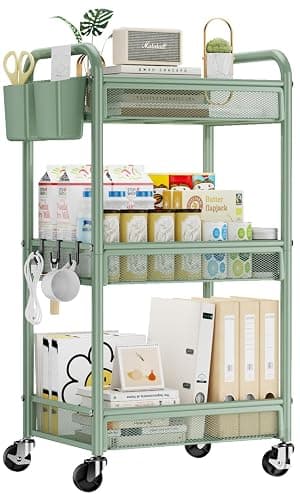 YASONIC 3 Tier Metal Rolling Cart, Green Utility Storage Cart with Wheels | Metal Mesh Craft Cart With Hooks & Hanging Cups, Ideal For Kitchen, Bathroom, Office, Dorm, Art Workspace, Bedside Storage - Image 1