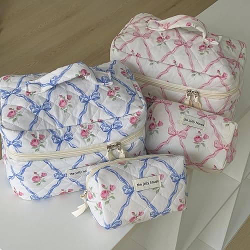 BILIPOPX Cute Makeup Bag Aesthetic Floral Quilted Cotton Cosmetic Bag Travel Organizer Toiletry Pouch 3 Pack Set (01Pink Bow) thumbnail 6