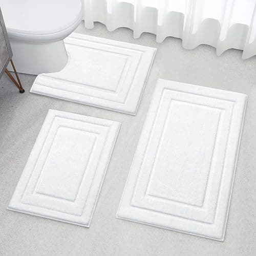 HOMEIDEAS Bathroom Rugs Sets 3 Piece, Super Soft and Absorbent Non Slip Microfiber Toilet Bath Mat with U-Shaped (White) - Loop- White thumbnail 8
