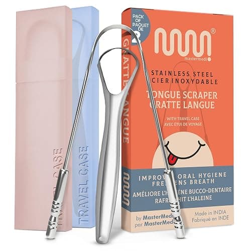MasterMedi Tongue Scraper with Multicolor Cases (2 Pack), 100% Stainless Steel, Reduce Bad Breath, Easy to Use Tongue Scraper for Adults, Tongue Cleaner for Oral Care & Hygiene - Image 1