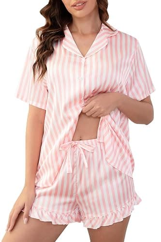 Yoohipuy Women‘s Satin Pajamas Set, Silky Soft Short Sleeve Sleepwear, Button Down Pj Set for Home, Vacation, Bridal Party - Image 1