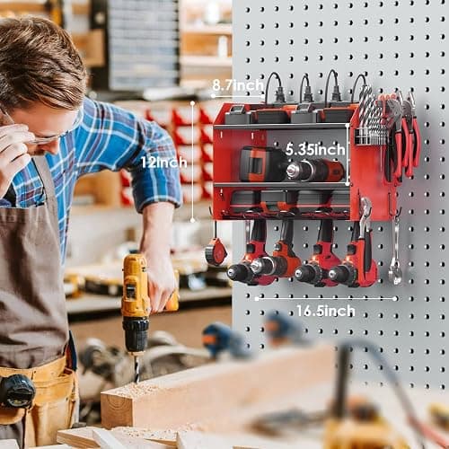 CCCEI Modular Power Tool Organizer Wall Mount with Charging Station. Garage Drill Storage Shelf with Hooks, Heavy Duty Rack, Tool Battery Holder Built in 8 Outlet. Gift for Men. Red, 1 Pack. thumbnail 2