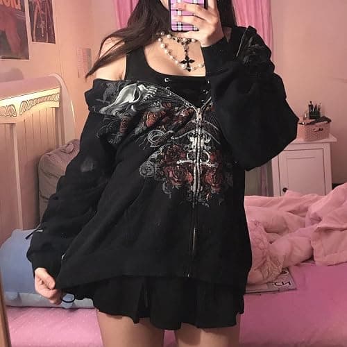 Yuemengxuan Womens Y2K Zipper Hoodie Long Sleeve Sweatshirt Harajuku Punk Grunge Tops Oversized Vintage Streetwear thumbnail 3