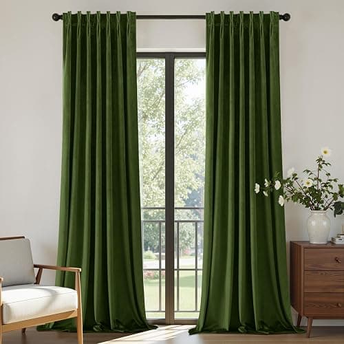 Joydeco Pinch Pleated Velvet Curtains 96 Inch Long 2 Panel Set Green Curtains for Bedroom Living Room, Thermal Insulated Back Tab Blackout Luxury Drapes with Adjustable Hooks (40”W x96”L,Olive Green) thumbnail 2