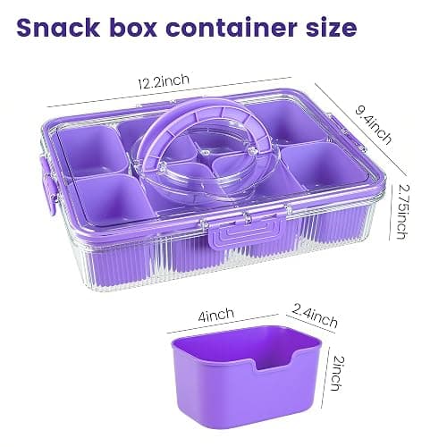 FEIOOD Patent Design Ribbed Snackle Box Container Divided Serving Tray with Lid and Handle -Charcuterie Container Portable Storage Organizer for Candy, Fruit, Beach, Picnics（1 pcs, Purple thumbnail 3