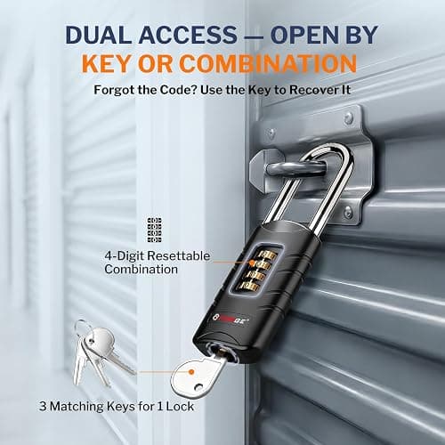 Forge 4-Digit Combination Padlock with Backup Keys, Recover Forgotten Code, Waterproof Outdoor Lock, Anti-Pick, for Locker, Gate, Fence, Hasp, Storage. (Black, Long Shackle 1 Lock) thumbnail 3