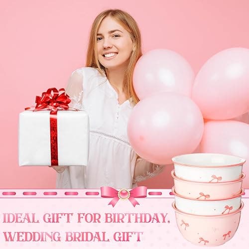 Reallnaive 4 Pcs Pink Bow Ceramic Bowls Set 4.5 Inch Coquette Cute Soup Bowl 12 Ounces Dessert Bowls for Kitchen Side Dishes Ice Cream Rice Soup Snack Cereal, Microwave and Dishwasher Safe thumbnail 6