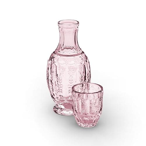 Zanzer 33.8 Oz Carafe Set with Glass Tumbler, Vintage Bedside Glassware for Water or Juice - Unique Antique Pitcher - Beautifully Etched Carafe & Tumbler Duo for Home Decor & Gifting (Pink) - Image 1