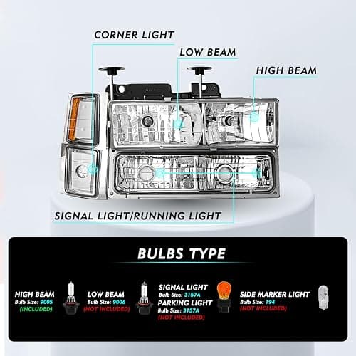 TUSDAR 8PCS Headlight Assembly for 1994-1998 Chevy Silverado Tahoe Suburban C10 C/K 1500 2500 3500 Replacement w/Bulbs Chrome & Amber NOT FIT GMC thumbnail 2