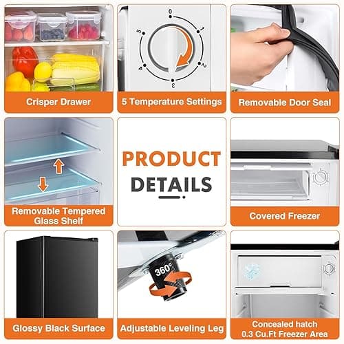 Sweetcrispy 3.2 Cu.Ft Mini Fridge with Freezer Small Refrigerator Single Door Adjustable Thermostat Energy-efficient Low Noise, Compact Fridge for Bedroom, Office, Dorm (Black) - Black thumbnail 6