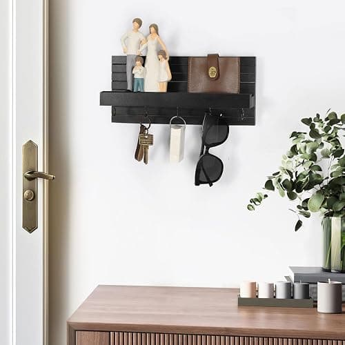 Lwenki Decorative Key Holder for Wall with Shelf, Entryway Shelf with Hooks Holds Leashes, Jackets and Glasses – Sturdy Wood Keyholder Entrance Hanger with Mounting Hardware (Black, Medium) thumbnail 5
