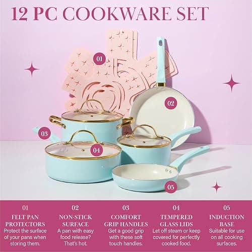 Paris Hilton Epic Nonstick Pots and Pans Set, Multi-layer Nonstick Coating, Tempered Glass Lids, Soft Touch, Stay Cool Handles, Made without PFOA, Dishwasher Safe Cookware Set, 12-Piece, Aqua - Image 1