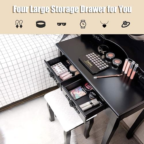 Giantex Makeup Vanity Table with 10 LED Lights, Adjustable Brightness, 4 Drawers, Rotatable Mirror, Cushioned Stool, Vanity Desk Dressing Table Bedroom Furniture (Black) thumbnail 5