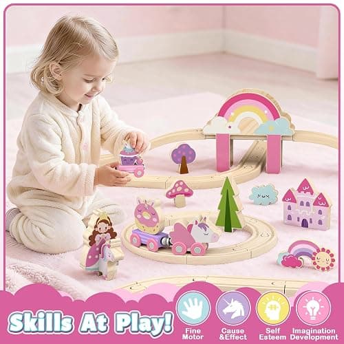 Lehoo Castle Wooden Train Set - Unicorn Train Set for Toddlers 2-4, Wooden Train Track Toddler Girl Toys, Pink Train Fantasy Toys for 3 4 5 6 7 Year Old Girl thumbnail 2
