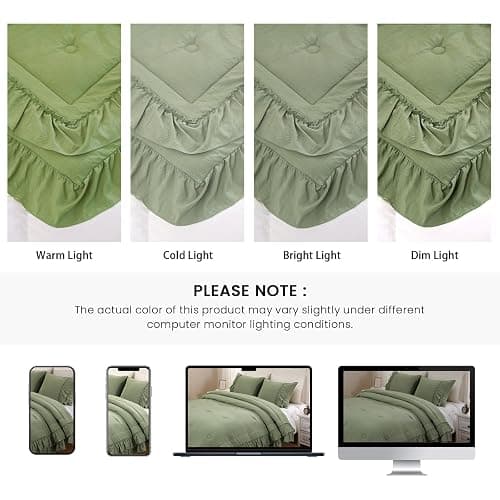 Bedding_Dreamer Sage Green King Size Comforter Set, 3-Piece Shabby Chic Ruffle Bedding, Soft Microfiber Boho Farmhouse Comforter for All Seasons thumbnail 6