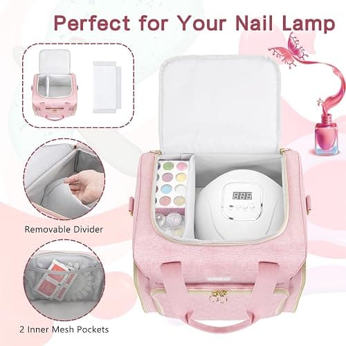 Nail Polish Organizer Holds 80 Bottles and a Nail Lamp,Nail Polish Carrying Case with 2 Removable Bags,Nail Organizers and Storage for Nail Tech,Portable Nail Polish Holder for Nail Supplies,Pink thumbnail 4