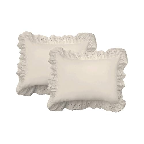 FRESH IDEAS Ruffled Bed Pillow Shams with Embroidered Eyelet Detail, Standard, Ivory, 2-Pack - Image 1