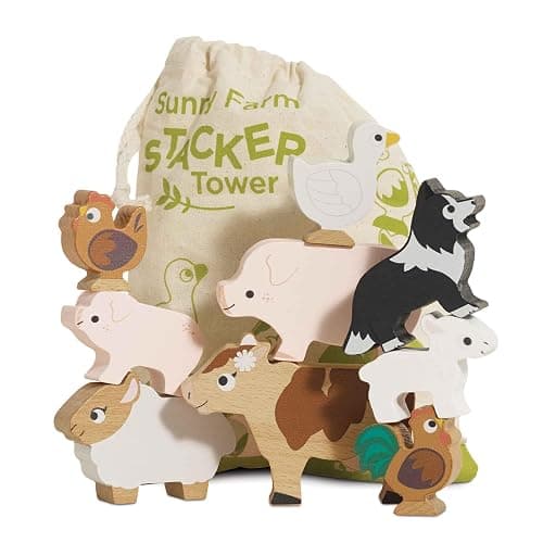 Le Toy Van Petilou Wooden Sunny Farm Stacking Animals and Bag | Farmyard Animal Building Blocks, Balancing Toy, Wooden Animal Toys for Toddlers, Suitable for 18 Months and Up - Image 1