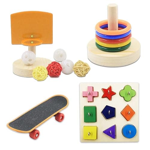 Saderoy 5 Packs Bird Toys Parrot Training Toys Parrot Wooden Block Puzzles Toy Bird Basketball Toy Small Sepak Takraw Bird Skateboard Bird Stacking Toy for Birds Parrot Training - Image 1