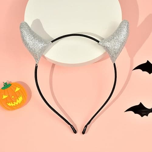 MUKOSEL Glitter Devil Horns Headband, Devil Ears Headband Halloween Cosplay Dress up, Devil Costume Accessories for Women Men(Silver) thumbnail 2