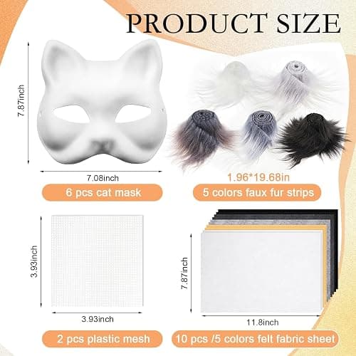 Seenelling DIY Therian Mask Kit Blank Cat Mask with Felt Fabric Sheet Plush Faux Fur Eye Mesh for Therian Gear Stuff thumbnail 2