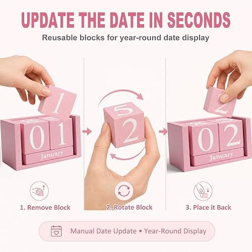 MICKYU Pink Wooden Perpetual Block Calendar | Aesthetic Desk Accessories for Women, Office Decor for Workspace, 3.7 x 2.1 x 1.7 in thumbnail 4