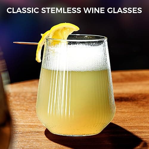 Ausune 6 Pack 460ml Ribbed Wine Glasses, Juice Cocktail Glasses Drinking Glassware Origami Style Fluted Ripple Beverage Tumblers Set, 15.55oz Vintage Stemless Cups for Home, Restaurant, Events & Part thumbnail 6