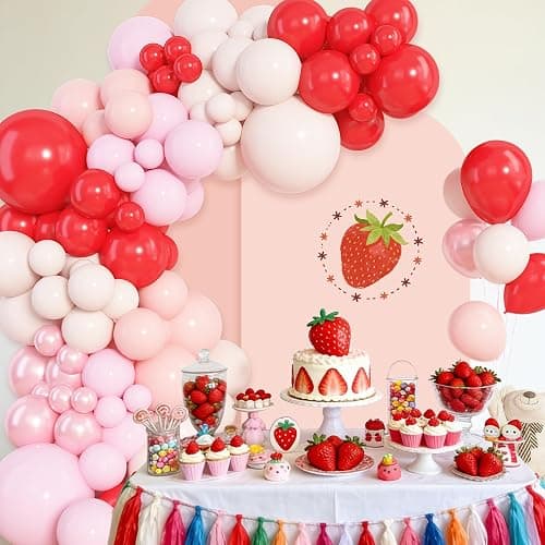 Amandir 153pcs Red and Pink Balloons Arch Garland Kit, Different Sizes 18 12 10 5 inch Strawberry Cherry Pastel Pearl Light Pink Balloon Sweet One Shower Berry First Birthday Summer Party Decorations thumbnail 7