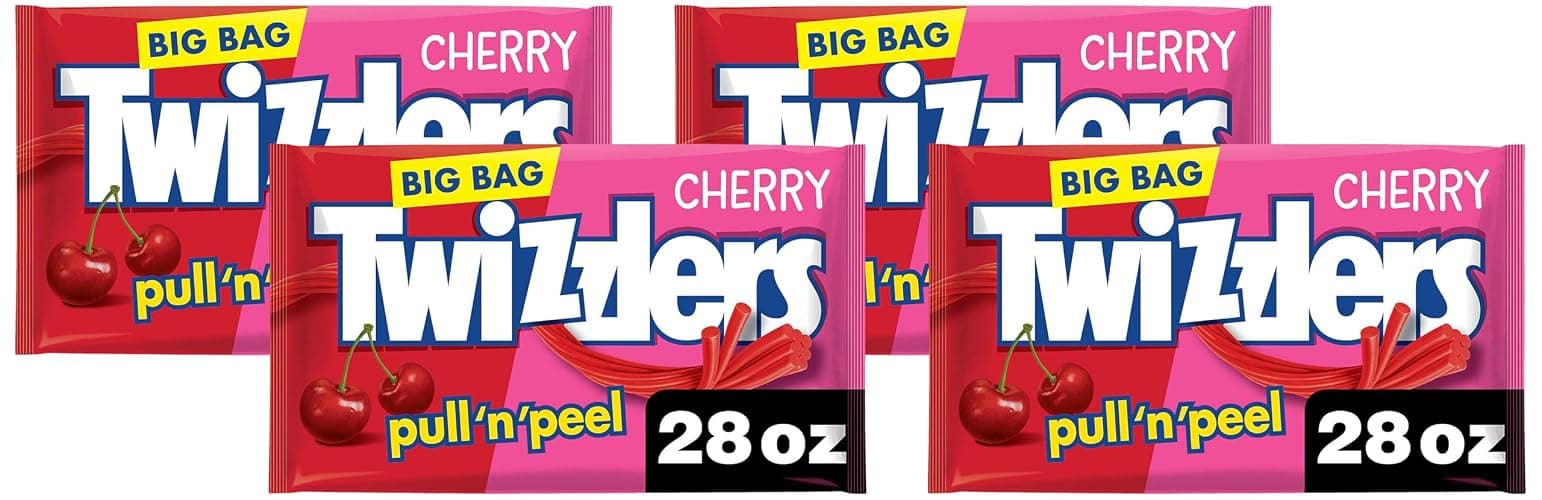 TWIZZLERS PULL 'N' PEEL Cherry Flavored Licorice Style, Low Fat Candy Big Bag, 28 oz (Pack of 4) - Image 1
