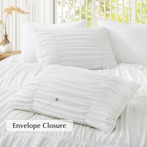 Oli Anderson Wavy Ruched Comforter Set King Size, White, 5 Pieces | Vintage Boho Shabby Chic Farmhouse Rustic Bedding Set, Fluffy Texture, Elastic Design, All Season Bedroom Decor thumbnail 4