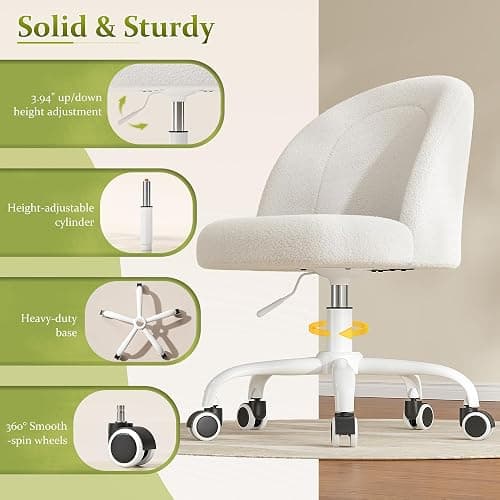 DurayLoly White Vanity Chair with Wheels, Cute Desk Chair with Back, Armless Office Chair Height Adjustable, Soft Lumbar Support for Small Space, Bedroom thumbnail 9