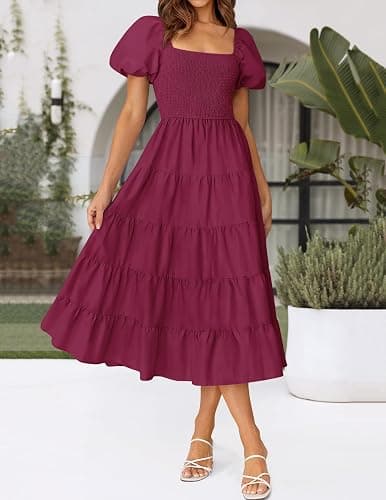 ZESICA Women's 2025 Summer Square Neck Short Puff Sleeve Solid Color High Waist Casual Smocked Flowy A Line Tiered Midi Dress thumbnail 2