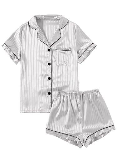 LYANER Women's Striped Silky Satin Pajamas Short Sleeve Top with Shorts Sleepwear PJ Set - Image 1