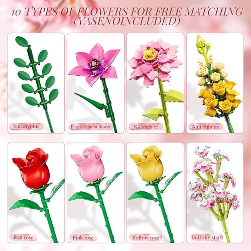 Flowers Bouquet Building Set, Pink Roses Flores Set for Adults, 765 PCS Botanical Collection Building Block Toy, Home Decor, Gifts for Valentine's Day, Birthday, Artificial Flowers for Women Kids 6+ thumbnail 3