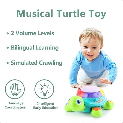 iPlay, iLearn Baby Musical Turtle Toy, Spanish English Bilingual Learning, Toddler Crawling Toys W/ Light & Sound, Infant Development Educational Birthday Gifts 6 7 8 9 10 12 Month 1 Year Old Boy Girl thumbnail 3