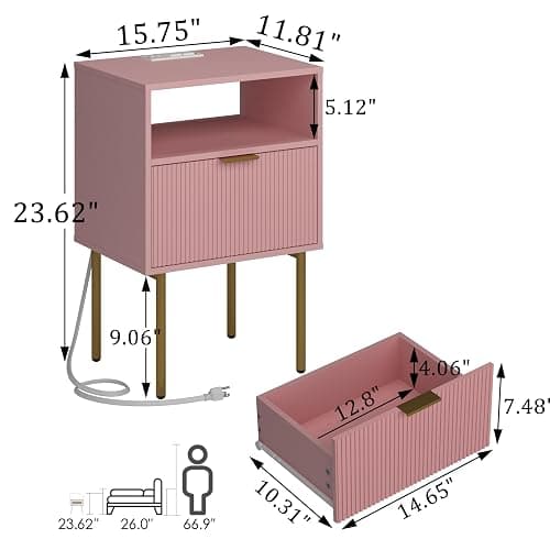 JOONEE Modern Nightstand with Charging Station and LED Lights, White Bedside Table with Drawer, Fluted Side Table for Living Room, Bedroom thumbnail 2