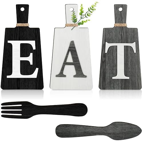 Jetec Cutting Board Eat Sign Set Hanging Art Kitchen Eat Sign Fork and Spoon Wall Decor Rustic Primitive Country Farmhouse Kitchen Decor for Home Decoration(Black, White, Gray) - Image 1