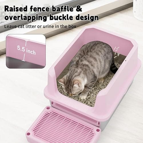 RIZZARI Pink Open-Top Cat Litter Box with Stainless Steel Pan - Extra-Large, Non-Porous & Easy Clean, High Sides Anti-Scatter, Includes Scoop, for Apartment Bathroom or Laundry Room thumbnail 3