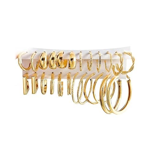 17IF 12 Pairs Golden Hoop Earring Set for Women Chunky Smooth Surface Trendy Small to Big Stud Earring Lightweight Twisted Pearl Ear Pack - Image 1
